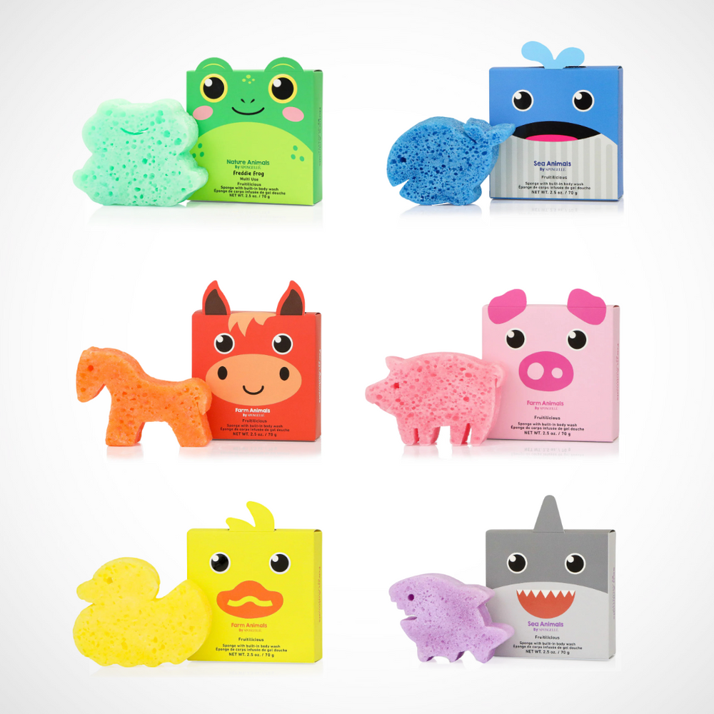 Spongellé Kids Bath Sponge Collection – assortment of Danny Duck, Peggy Pig, Henry Horse, Walter Whale, Sammy Shark, and Freddie Frog body wash infused buffers for bath time fun and gifts