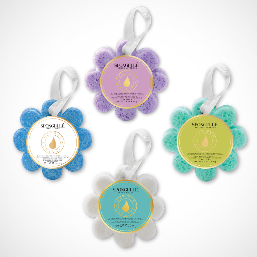 Spongellé Body Wash Infused Buffer® Gift Set – assortment of Beach Grass, Coconut Verbena, Freesia Pear, and French Lavender bath sponges for self-care and baby shower gifts