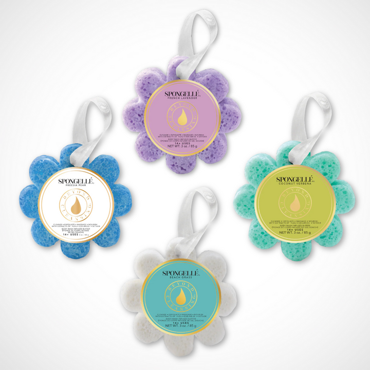 Spongellé Body Wash Infused Buffer® Gift Set – assortment of Beach Grass, Coconut Verbena, Freesia Pear, and French Lavender bath sponges for self-care and baby shower gifts