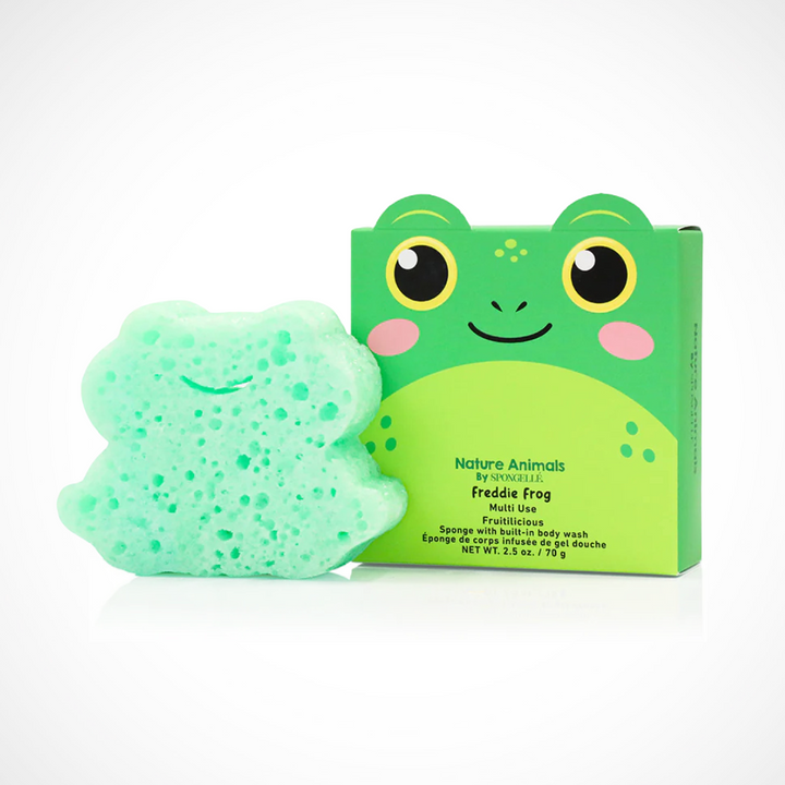 Spongellé Freddie Frog Kids Body Wash Infused Buffer® – gentle fruity kids bath sponge in fun frog gift box