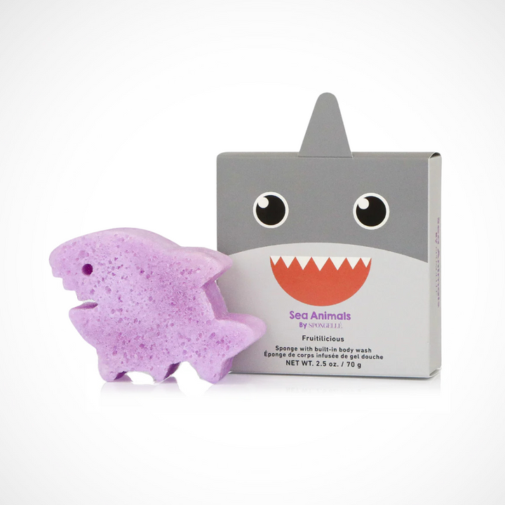 Spongellé Sammy Shark Kids Body Wash Infused Buffer® – fruity bath sponge for kids packaged in collectible shark gift box