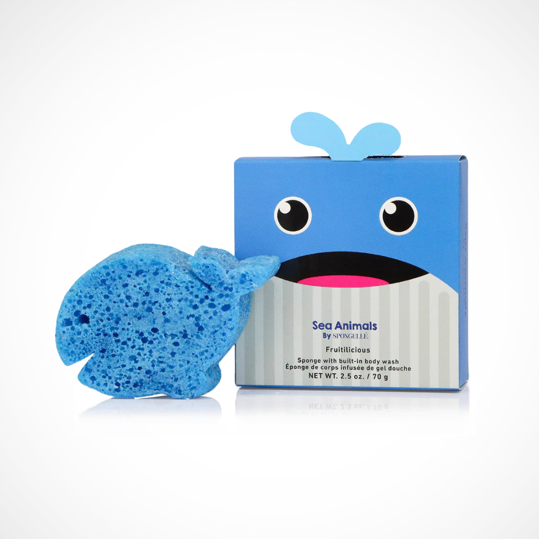 Spongellé Walter Whale Kids Body Wash Infused Buffer® – fun ocean animal kids bath sponge with gentle fruity formula