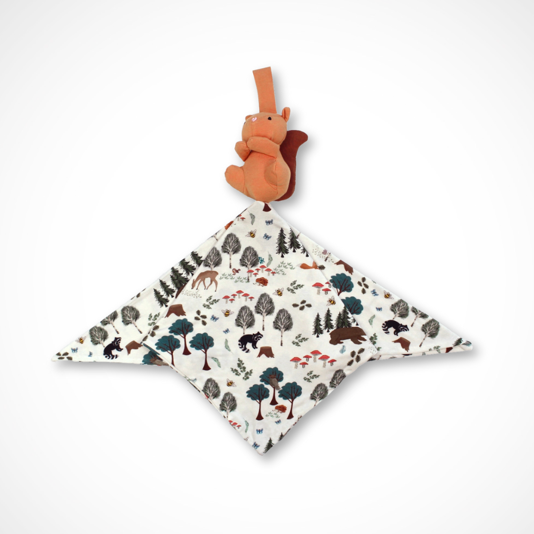 Fabric lovey with woodland pattern and squirrel charm on a white background